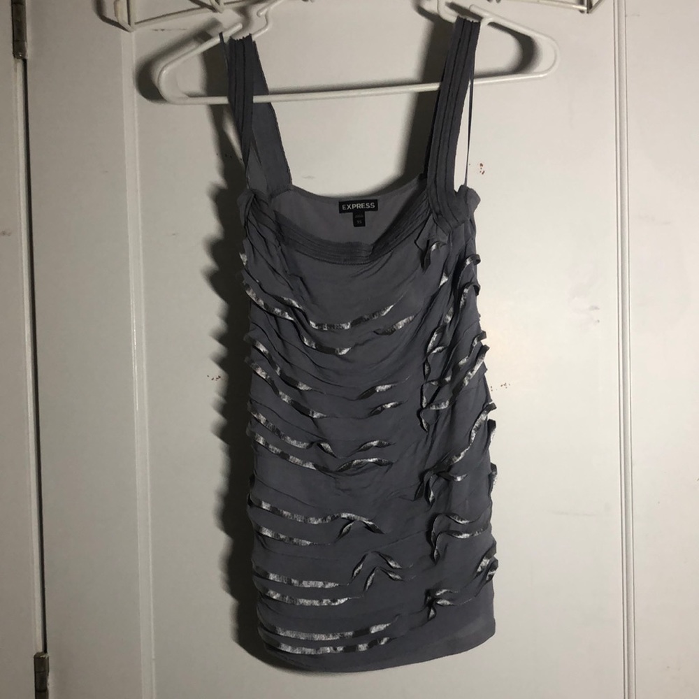 blue/grey express tank top with ruffle details